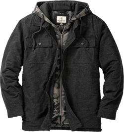Legendary Whitetails Men's Plaid Flannel Shirt Jacket Quilted with Hood Polyfill Insulated Medium Black Heather