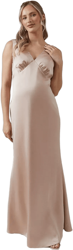 Maternity Bow Back V Neck Satin Bridesmaid Dress