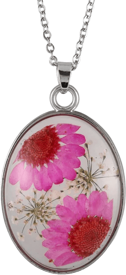 FM FM42 Multicolor Daisy Pressed Flowers Queen Anne's Lace Transparent Oval Pendant Necklace (4 Colors)