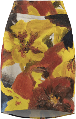 Multicolor Floral Design Original Oil Painting Print Pot of Flowers Artwork On Pencil Skirt