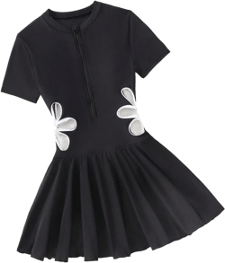 SHEIN Teen Girls Black Contrast White Waist Hollow Summer Leisure Vacation Beach Knitted Short-Sleeved Open Cardigan Zipper One-Piece Swimsuit Black Swimsuit For Girls Girls Black One Piece Swimsuit Black One Piece Swimsuit With Skirt Zip Up Swimsuit Kids Black Swimsuit Black Swim Dress