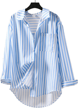 SHEIN Teenage Girls Loose Stripe Long Sleeve Shirt With Pockets, Paired With Loose Wide-Leg Pants, Skinny Pants, Shorts, Or Mini Skirt,Holiday,Summer,Travel