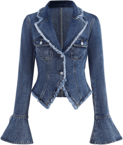 SHEIN Blue Denim Collared Flare Sleeve Short Jacket For Teenage Girls