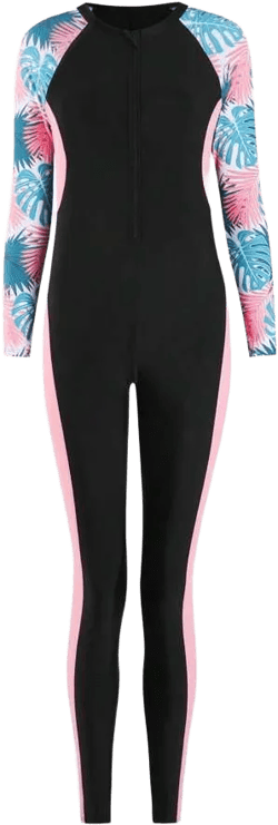 Teen Girl New Arrival Swim Suit For Spring & Summer, Colorblock Black Design With Pink Side Contrast, Tropical Floral & Leaf Print, Long Sleeve One-Piece Swimsuit, Sun Protective, Suitable For Swimming, Vacation, Surfing, Activewear Style, Teen Girl Sports Swimsuit