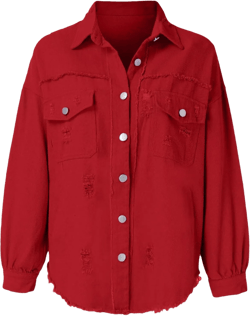 Oversized Denim Jacket Women Jean Jackets Trendy Button Up Long Sleeve Denim Shirt Jean Shacket Coat with Pockets X-Large Distressed Red