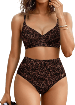 Popilush High Waisted Bikini Sets for Women Tummy Control Shapewear Swimsuit Ruched Push Up Two Piece Bathing Suit Leopard Print Large