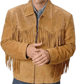 Mens Fringe Jacket - Western Cowboy Brown Faux Suede Leather Fringed Jacket with Fringes Large Tan Brown Horse Riding Jacket