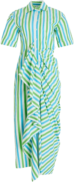 gathered-ruffle striped midi shirt dress
