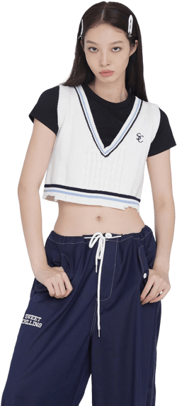 PREPPY STYLE CROPPED SWEATER VEST （2 COLORS WHITE/BLUE）