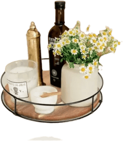 1pc 360° Rotating Storage Tray, Wooden Cosmetic Storage Rack, Steel Handrail, Kitchen Items Sorting And Storage