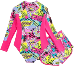 SHEIN Teen Girl One Piece Swimsuit And Shorts Set With Letter And Cartoon Print Zipper Half Opening Long Sleeves For Summer Beach Vacation Random Print