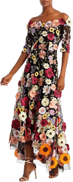 Teri Jon by Rickie Freeman Floral Embroidered Off-the-Shoulder Dress