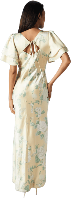 Dahlia Printed Angel Sleeve Satin Bridesmaid Dress