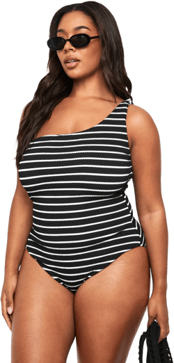PLUS CRINKLE STRIPE ONE SHOULDER SWIMSUIT