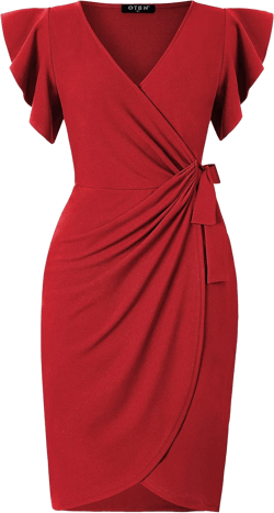 oten Womens Deep V Neck Ruffle Sleeve Sheath Casual Cocktail Party Work Faux Wrap Dress Red Medium