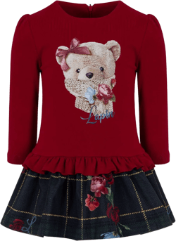 bear print peplum-plaid combined dress