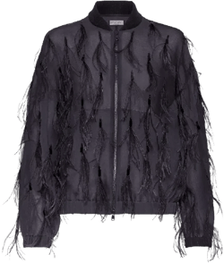 Crispy Silk Bomber Jacket With Dazzling Feather Embroidery In Grey