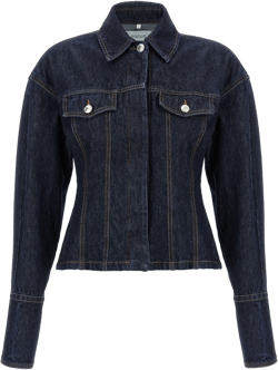Neck Collar Stitching Pockets Front Jacket In Blue