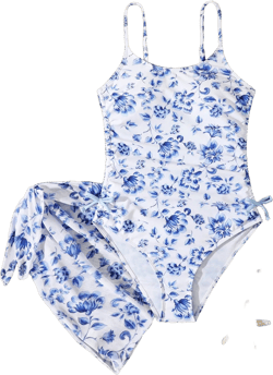 Wildeya 2pcs Teenage Girls Retro Blue Floral Print Bowknot Decor One-Piece Swimsuit With Beach Skirt