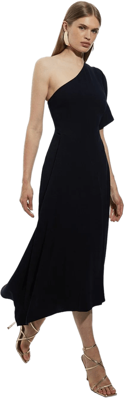Fluid Tailored One Shoulder Asymmetric Drape Midi Dress | Karen Millen