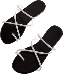 GORGLITTER Women's Rhinestone Glitter Dressy Flat Sandals Strappy Toe Ring Slip on Open Toe Slide Sandals