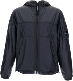 Hooded Windbreaker Jacket With Lens Detail In Blue