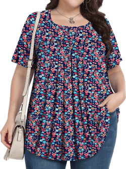 Plus Size Tops for Women Summer 2025 Short Sleeve Shirts Tunics Square Neck Casual Loose Blouses 1X-5X Blue Fragmented Flower 3X-Large