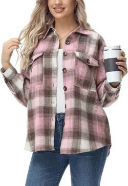 MCEDAR Women's Oversizes Plaid Shacket Jacket Casual Lapel Long Sleeve Button Down Plus Size Flannel Shirt (S-4X)