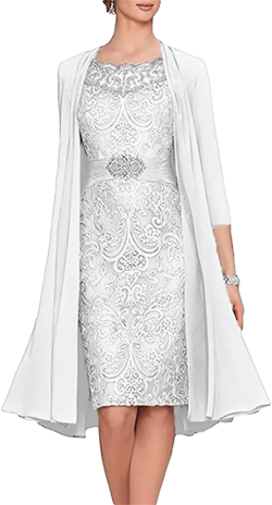 2 Pieces Lace Mother of The Bride Dresses for Women Chiffon Beaded Mermaid Formal Evening Gown White 18