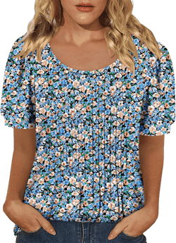 BETTE BOUTIK Womens Summer Tops Pleated Short Sleeve Tunic Tops Short Sleeve Blouses Shirts S-3XL 6-flower Sea XX-Large