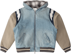 Lightning Denim Hooded Bomber Jacket In Blue