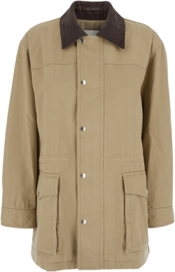 Beige Jacket With Corduroy Collar And Front Snap Button Closure In Brown