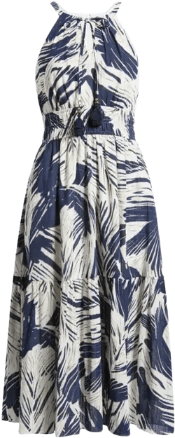 Leaf Print Cotton Halter Neck Midi Dress In Blue