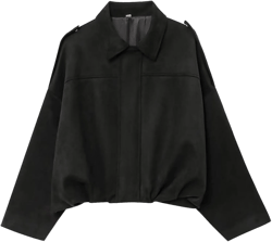 Akklian Women's Faux Suede Lapel Bomber Jacket Spring Batwing Sleeve Pilot Coat Casual Oversized Trendy Streetwear Outerwear Medium Black