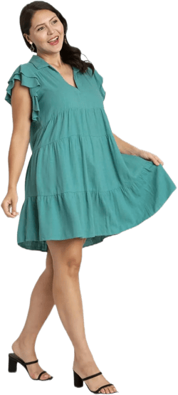 Umgee Linen Blend Collar Split Neck Short Ruffle Sleeves Tiered Dress