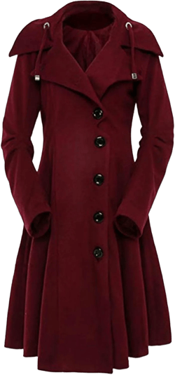 Maiyifu-GJ Womens Single Breasted Hooded Trench Coat Long Sleeve Wool Blend Dress Coats Fall Winter Mid Long Overcoat Medium Wine Red