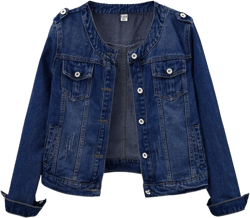 Locachy Women's Denim Jacket Casual Collarless Button Down Long Sleeve Jean Jacket Coats Dark Blue Large