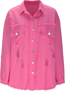 Women's Oversized Ripped Denim Jacket Frayed Hem Button Down Y2K Lapel Jean Coat 2025 Trendy Shacket with Pockets Small Hot Pink