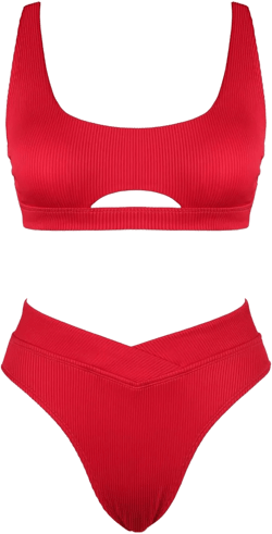 CUPSHE Women's Bikini Sets Two Piece Swimsuit High Waisted Square Neck Cutout Wide Straps Tank High Cut Cheeky Bottom Small Crimson Red