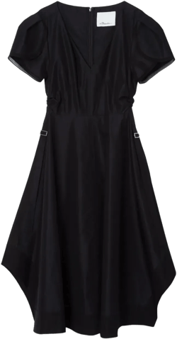 puff-sleeve V-neck midi dress