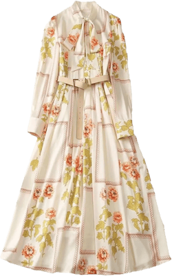 Women's Fashion Spring Long Sleeve Midi Dress Floral Print Festive Dress Robe Medium Yellow