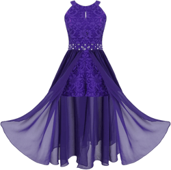 Kids Girls Sleeveless Floral Lace Shiny Rhinestone Maxi Dress Birthday Party Formal Dance Romper Gown