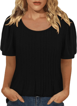 BETTE BOUTIK Womens Summer Tops Pleated Short Sleeve Tunic Tops Short Sleeve Blouses Shirts S-3XL 5-black Small