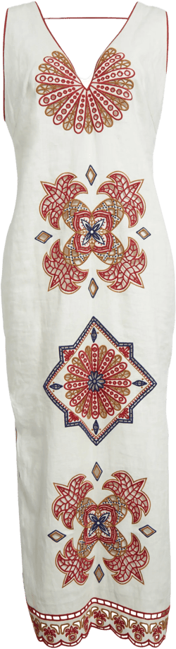 FARM Rio Mary's Tiles Embroidered Detail Linen Dress
