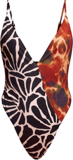 Mixed Print Plunge Wrap Detail Swimsuit 