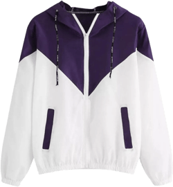 Womens Windbreaker Jacket Color Block Drawstring Hooded Sports Jacket Lightweight Outdoor Raincoat Small Purple