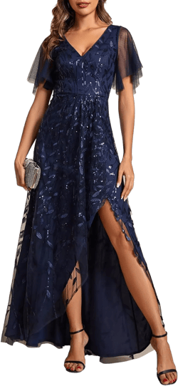 Ever-Pretty Women's Shimmery Formal Dress V Neck Sequins A-Line Side Slit Elegant Long Evening Dresses 02083 24 Navy Blue