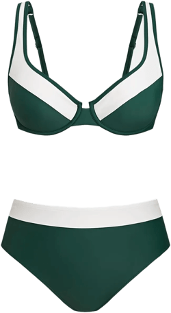 CUPSHE Women's Bikini Sets Two Piece Bathing Suit High Waisted Underwire Wide Adjustable Straps Color Block Back Hook Forest Green/White Small
