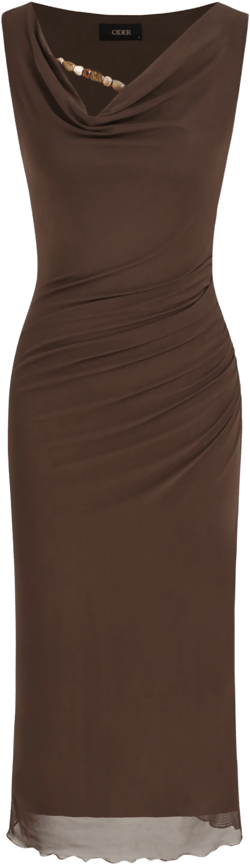 Mesh Cowl Neck Beaded Ruched Maxi Dress