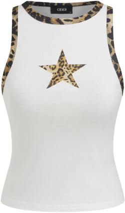 Cotton-blend Leopard Star Graphic Contrasting Binding Tank Top
